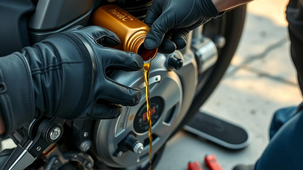 Motorcycle oil change in progress; gloved hands pouring oil – essential motorcycle maintenance tips