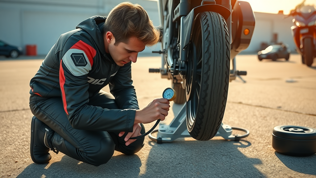 Focused rider examining tire pressure; motorcycle maintenance tips for tire care and safety