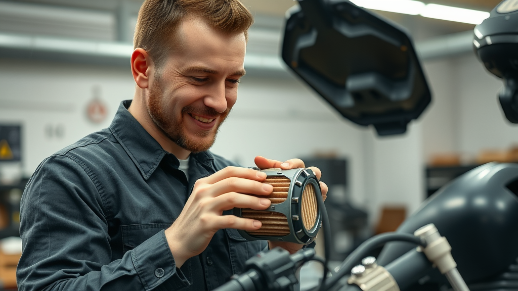 Mechanic replacing a motorcycle air filter to ensure peak engine performance; air filter maintenance tips