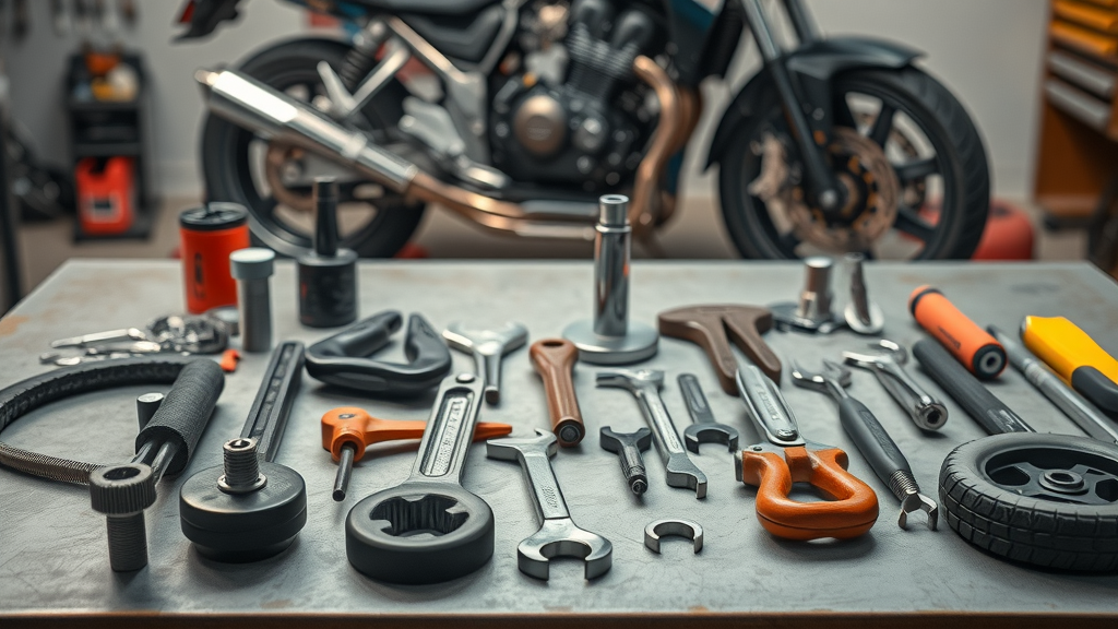 Selection of essential motorcycle maintenance tools; maintenance tips for DIY riders