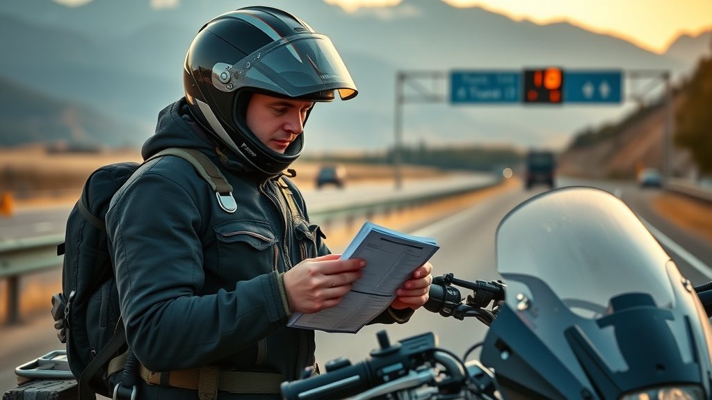 Adventure motorcyclist preparing for long road trip; motorcycle maintenance tips for touring
