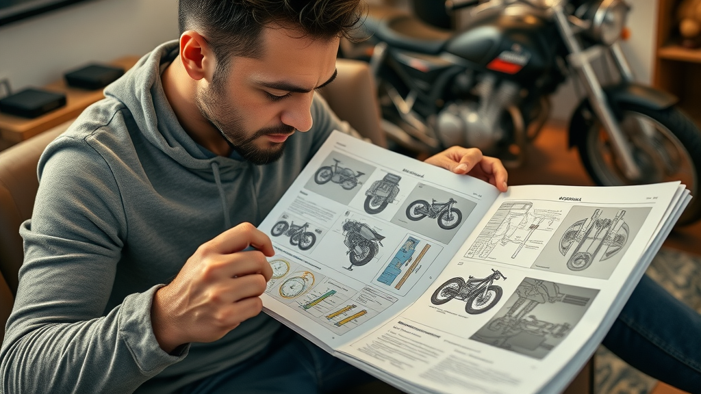 Rider referencing a detailed service manual; key maintenance tips and troubleshooting advice
