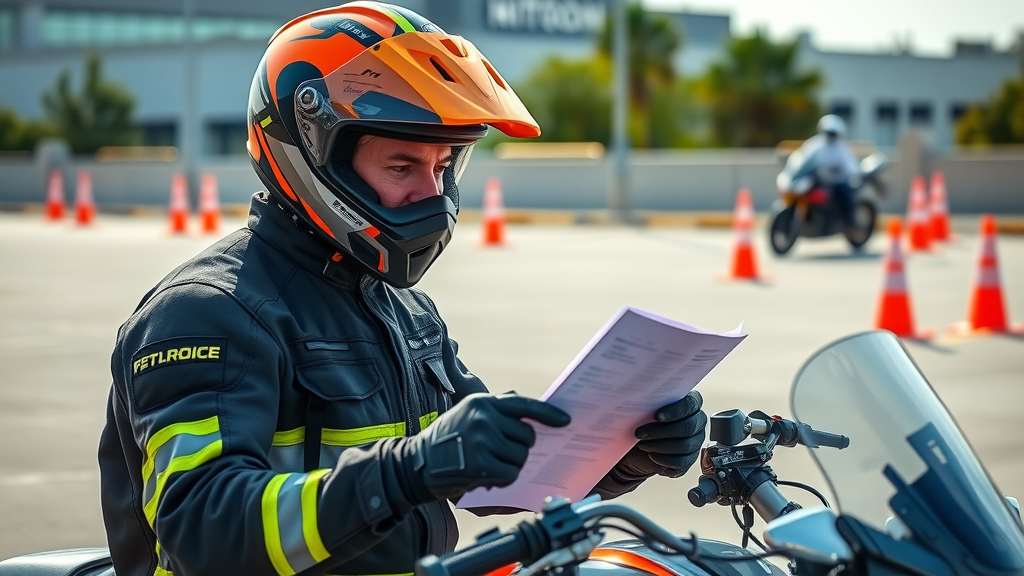 Motorcyclist in full safety gear reviewing safety checklist; stay safe with maintenance tips