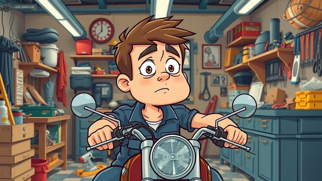 Cartoon illustration of owner making maintenance mistakes; avoid common errors with key motorcycle maintenance tips