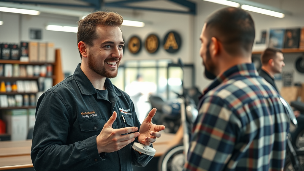 Helpful mechanic answering customer questions about motorcycle maintenance tips; friendly shop environment