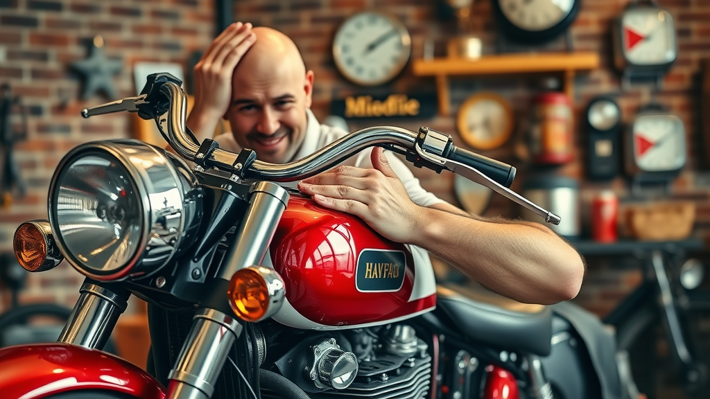 classic bike maintenance owner polishing chrome paintwork classic motorcycle