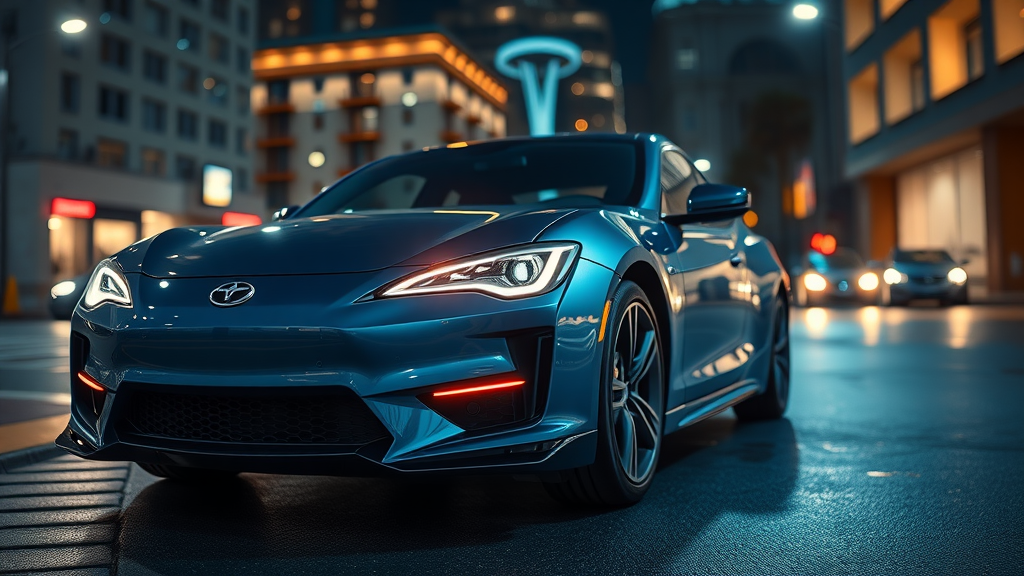 sleek modern car showcasing customized LED turn signals with unique pattern on a city street at night