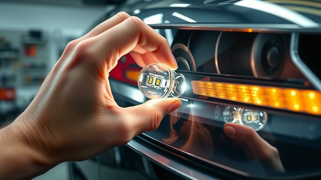 close-up of hand installing sequential LED turn signal bulb in modern car in a garage environment