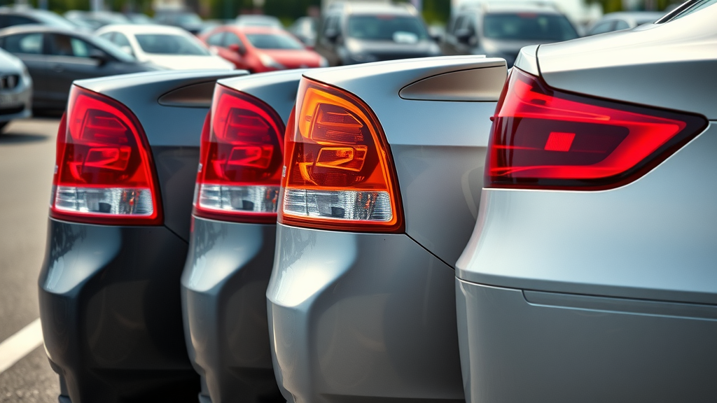 lineup of car tail lights with red, amber, and tinted turn signals in a parking lot, showing different legal variations
