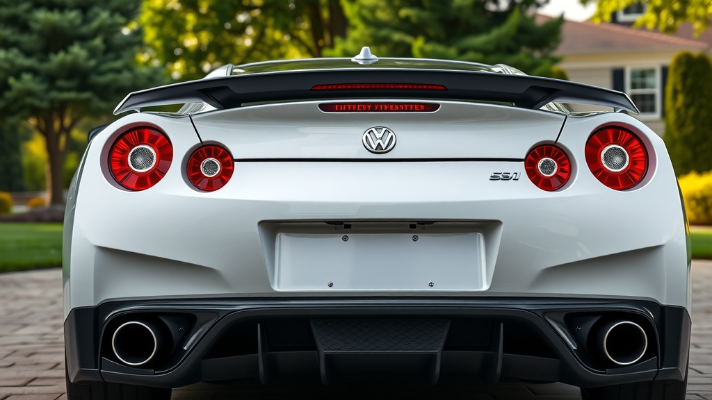 sporty rear angle of car with one tinted and one clear taillight demonstrating a comparison in a driveway