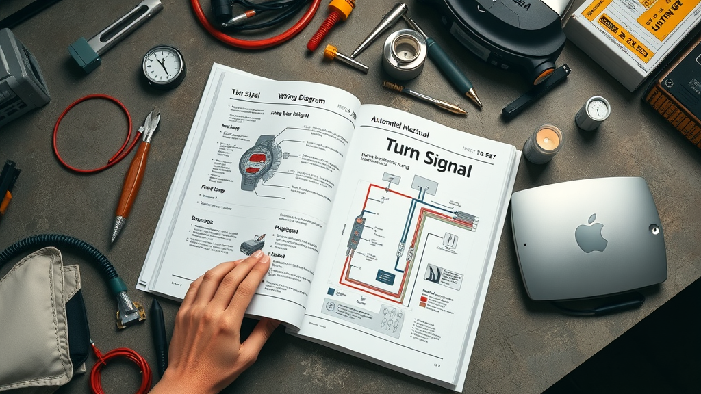 technical illustration of automotive manual open to turn signal wiring diagram page, with tools and tablet on table