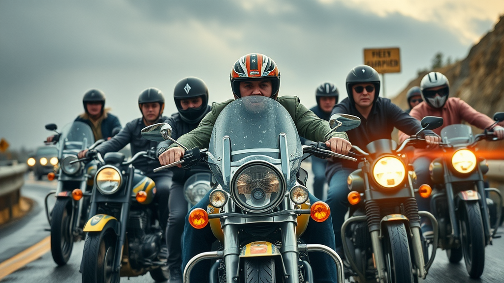A group of motorcyclists riding confidently through rain, fog, and sun—demonstrating weather tips for motorcyclists on a dynamic, winding highway.