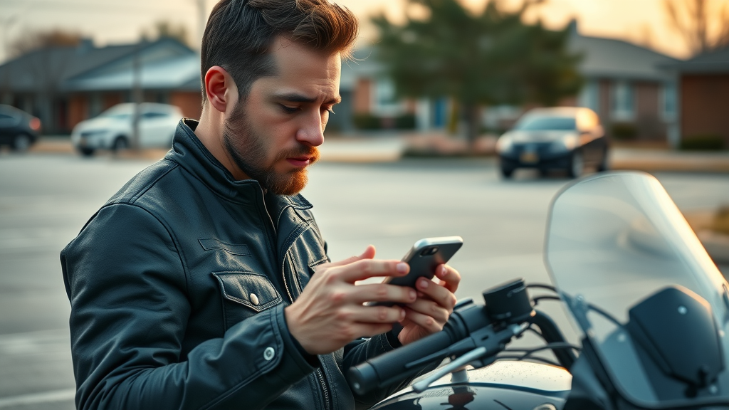 Motorcyclist checking weather app with thoughtful expression, preparing for safe motorcycle riding in changing weather.