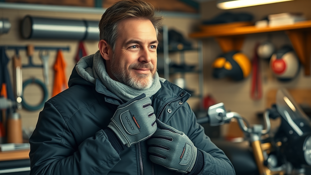 Motorcyclist preparing for cold weather riding with insulated jacket and heated gloves—essential gear for winter riding.