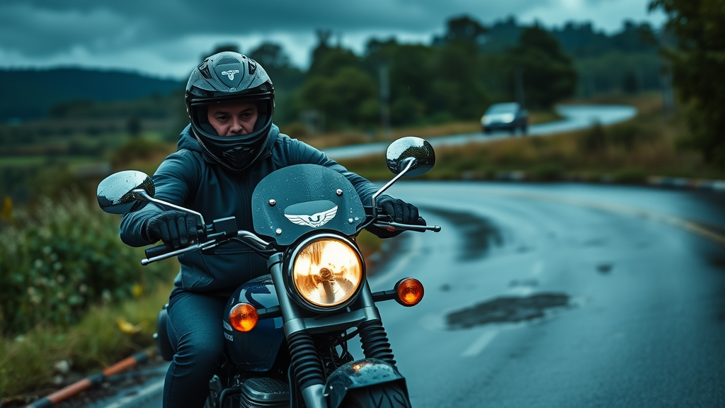 Motorcyclist skillfully riding through a wet winding rural road, avoiding hazards—a real-life example of road techniques and weather tips for motorcyclists.