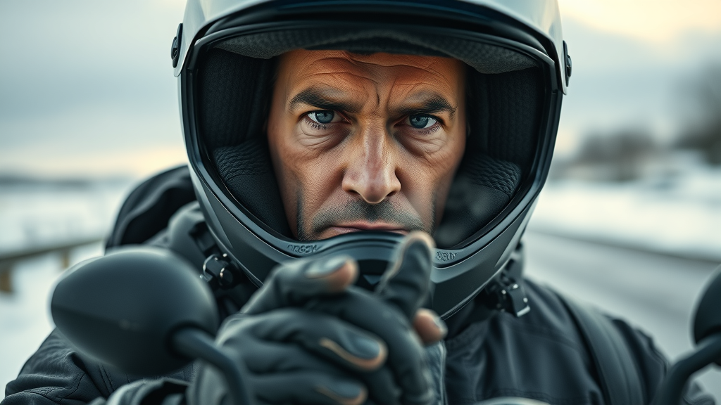 A determined motorcyclist in heavy insulated gear, preparing for cold weather riding—showing essential weather tips for motorcyclists in winter.