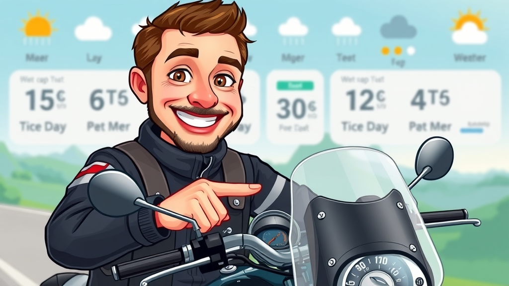 Experienced motorcyclist pointing at essential safety gear and dashboard, surrounded by weather icons—a helpful cartoon illustration about weather tips for motorcyclists.