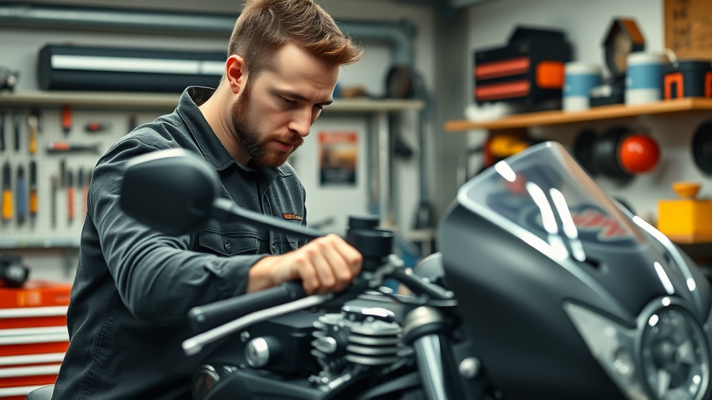 Motorcycle troubleshooting tips - Mechanic inspecting a motorcycle engine in a modern garage organized with tools