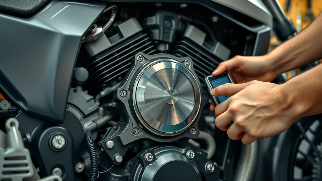 Motorcycle troubleshooting tips – Mechanic checking a motorcycle engine with a diagnostic tool in a workshop