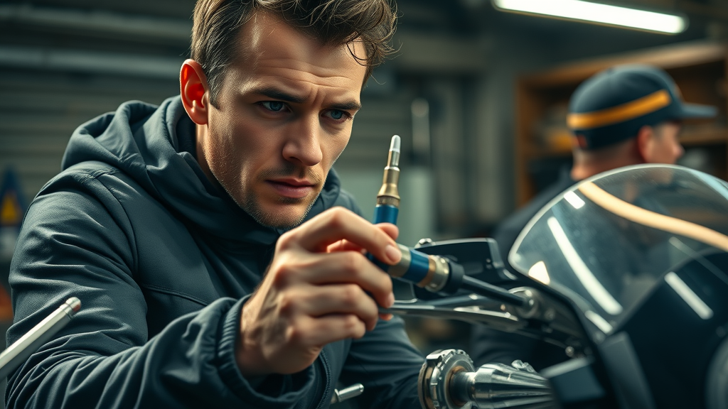 Motorcycle troubleshooting tips – Rider inspecting a motorcycle fuel injector with cleaning tools