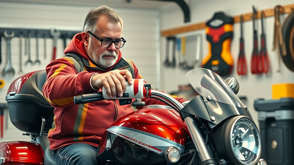 owner adding fuel stabilizer to motorcycle gas tank for winterize your motorcycle