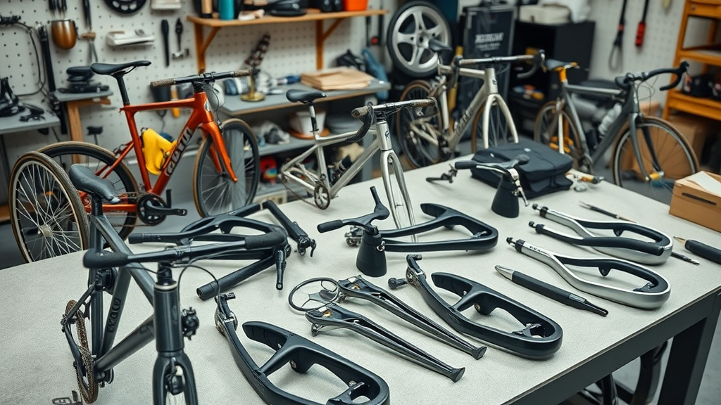 Lineup of custom bike parts including frames, wheels, saddles, and handlebars on a workshop table