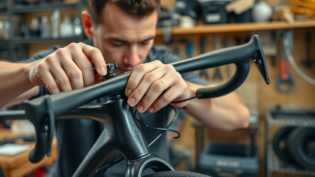 Bike builder fitting a custom carbon handlebar onto a high-end custom bike frame in a workshop