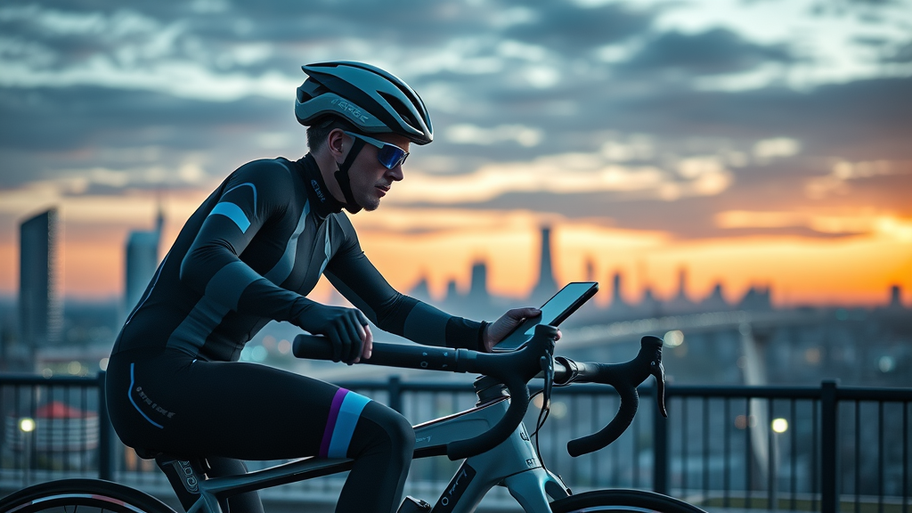 Custom bike with electronic shifting, smart sensors, and power meter, rider reviewing data