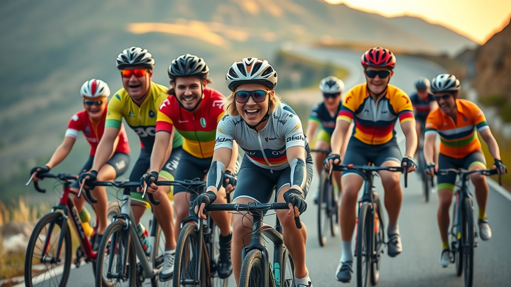 Group of cyclists riding scenic roads on custom bikes, showing various custom bike parts and accessories