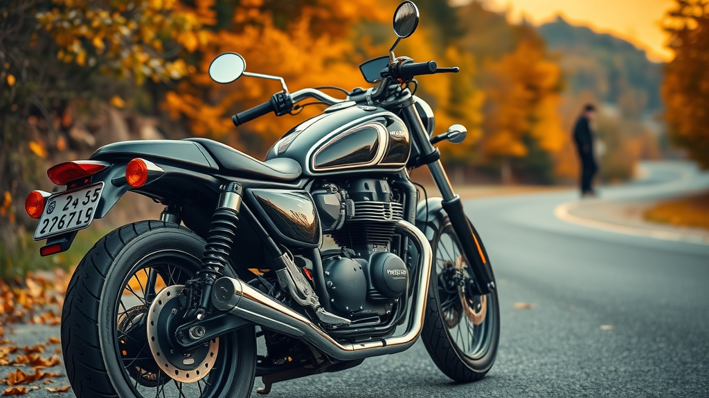 crisp autumn motorcycle parked roadside, fall motorcycle maintenance tips, gleaming chrome, scenic fall foliage, winding open road, rider inspecting bike, golden hour lighting