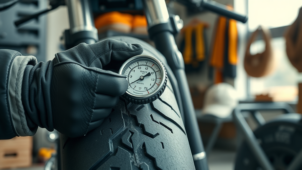 checking motorcycle tire pressure, fall motorcycle maintenance, gloved hands, close-up, maintenance checklist for fall ride, tidy garage background, optimal tire condition, high fidelity detail