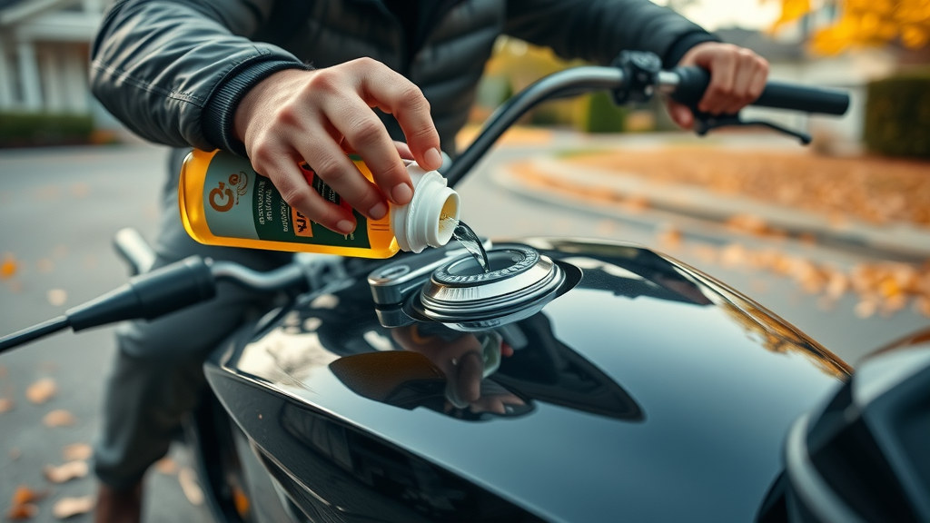fuel stabilizer application in motorcycle, fall motorcycle maintenance, careful pouring, macro detail on gas tank and hands, autumn leaves in background, DIY fall maintenance checklist, vibrant colors