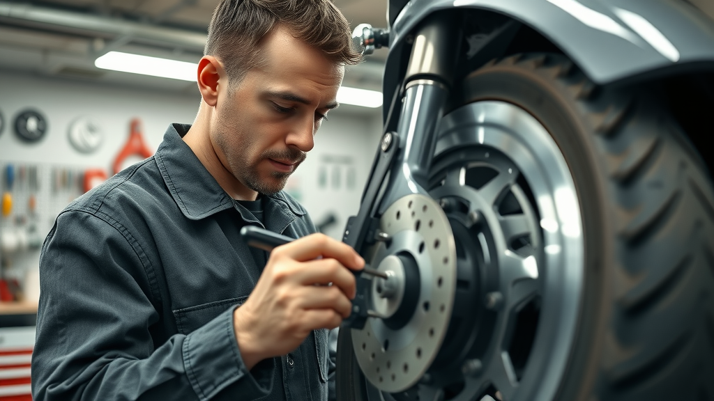 mechanic inspecting motorcycle brake pads and rotors, fall motorcycle maintenance, organized garage, detailed close-up, focus on safe stopping power, metallic hardware, expert maintenance routine
