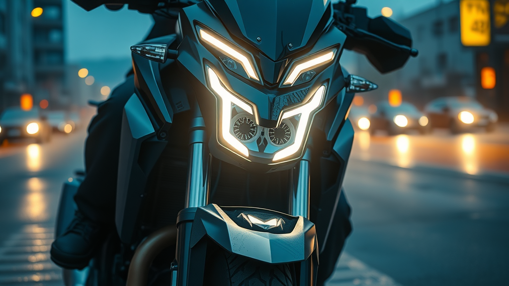 modern motorcycle LED headlights and visible suspension, rider checking lighting and front fork, dusk urban scene, misty reflections, fall motorcycle maintenance checklist, high detail