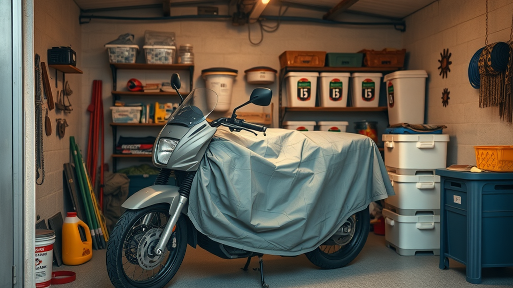 garage with covered motorcycle, fall motorcycle maintenance, owner placing rodent deterrents, moisture absorbers, organized storage, winter motorcycle storage checklist, high fidelity detail