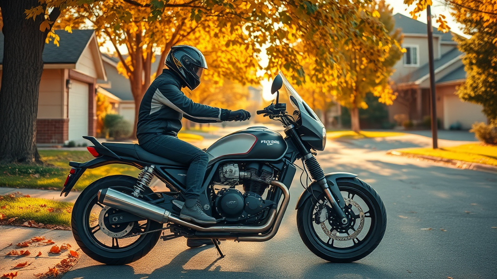 fall motorcycle maintenance, well-maintained motorcycle under golden-leaved trees in a crisp autumn morning, suburban driveway, warm sunlight and rider inspecting the bike