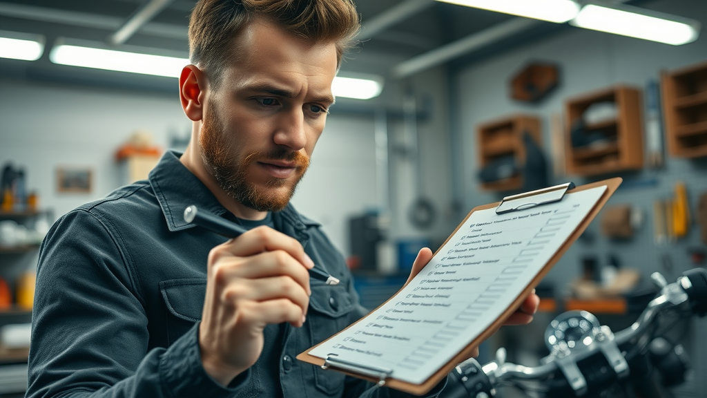 fall motorcycle maintenance checklist, owner reviewing maintenance tasks in a well-lit garage, tools and workbench in the background, detailed environment