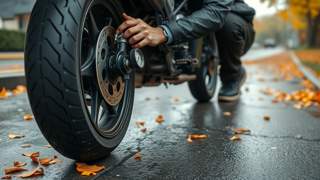 motorcycle tire pressure check, fall motorcycle maintenance, closeup of tire and digital pressure gauge with autumn leaves
