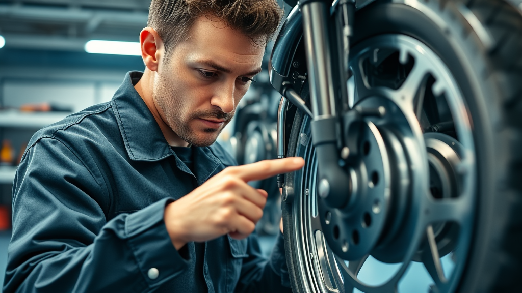 brake system inspection during fall motorcycle maintenance, mechanic checks rotors and brake pads in shop