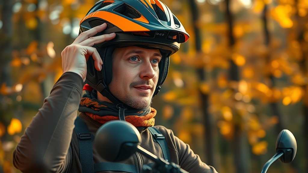 fall motorcycle riding gear, rider adjusting modern helmet amidst autumn forest, golden light, high-visibility gear