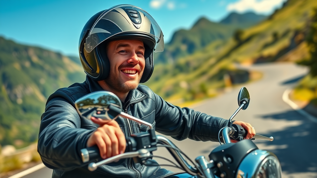 excited motorcyclist listening to music with motorcycle sound system through scenic mountain pass