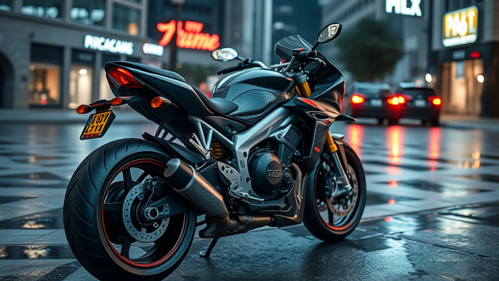 sleek motorcycle with audio system on wet city street showcasing weather-resistant motorcycle sound system