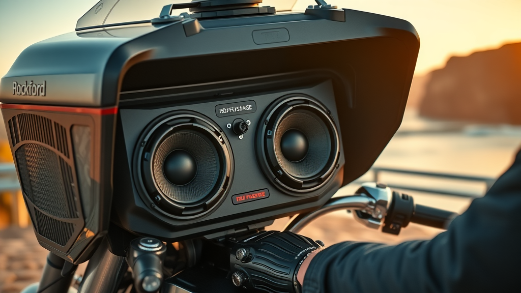 Rockford Fosgate speakers installed on touring motorcycle with confident rider, highlighting motorcycle audio system features