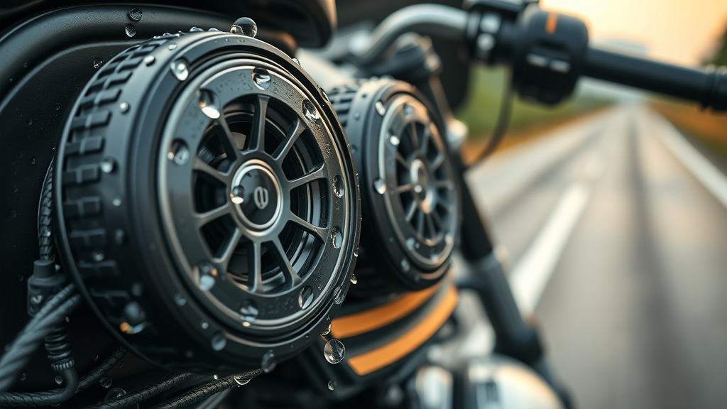 close-up of waterproof motorcycle speakers with major brand logos, showcasing weather resistance of motorcycle audio