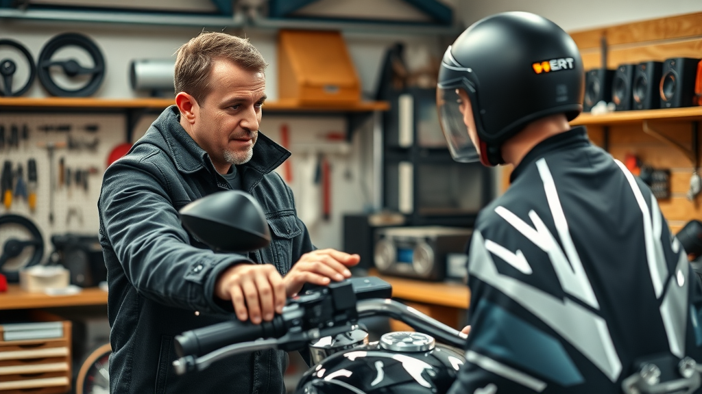 professional installation of motorcycle audio system, installer explaining setup to attentive rider in modern workshop