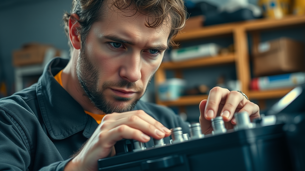 Mechanic inspecting a motorcycle battery terminal for basic motorcycle repairs
