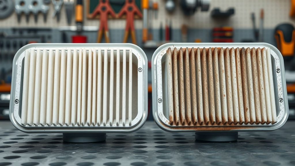 Side-by-side comparison of clean and dirty motorcycle air filters for basic motorcycle repairs