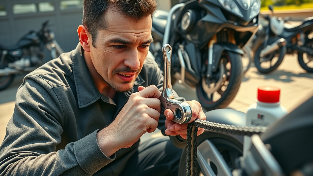 Mechanic adjusting motorcycle drive chain and checking chain tension