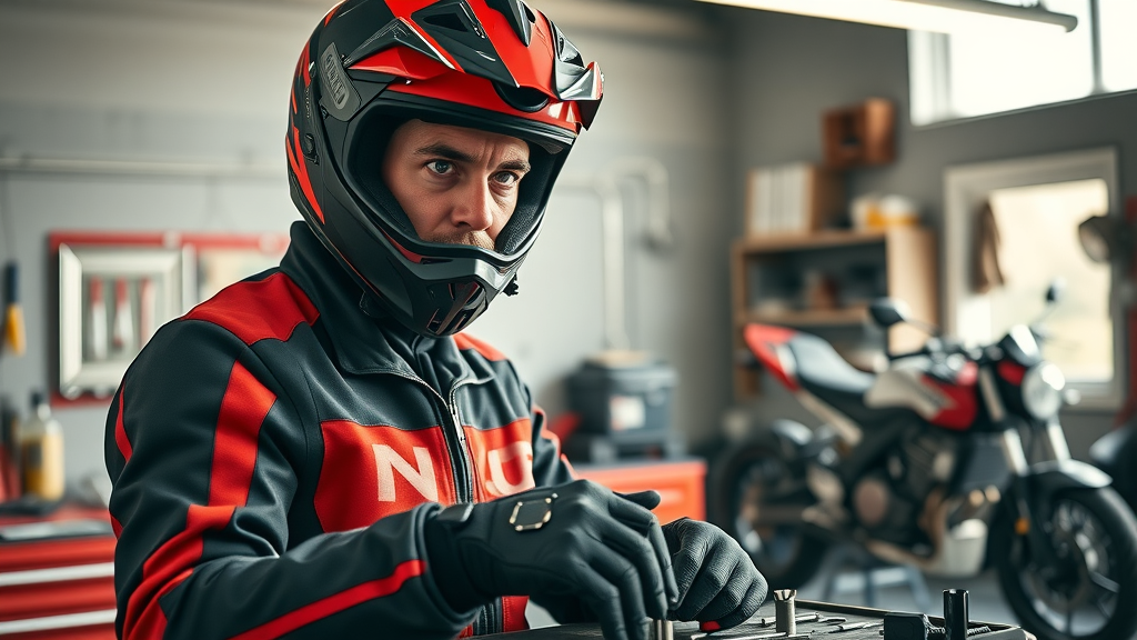 Biker wearing helmet and gloves preparing motorcycle repair tools in a well-lit garage