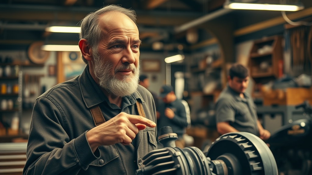 Seasoned mechanic sharing expertise on motorcycle repairs, pointing at an engine part in busy workshop